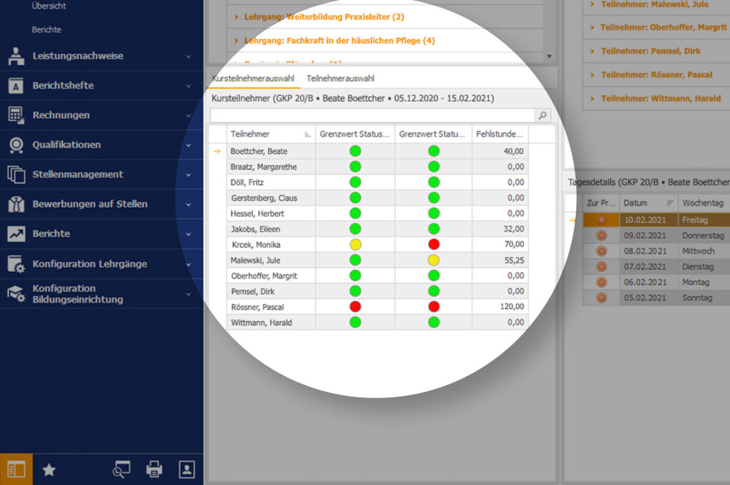 Screenshot der Ausbildungsmanagement Software von easySoft, auf der eine Fehlzeiten-Ampel zu sehen ist.
