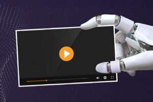 Eine Roboterhand greift symbolisch nach einem Abspielfenster eines E-Learning-Players
