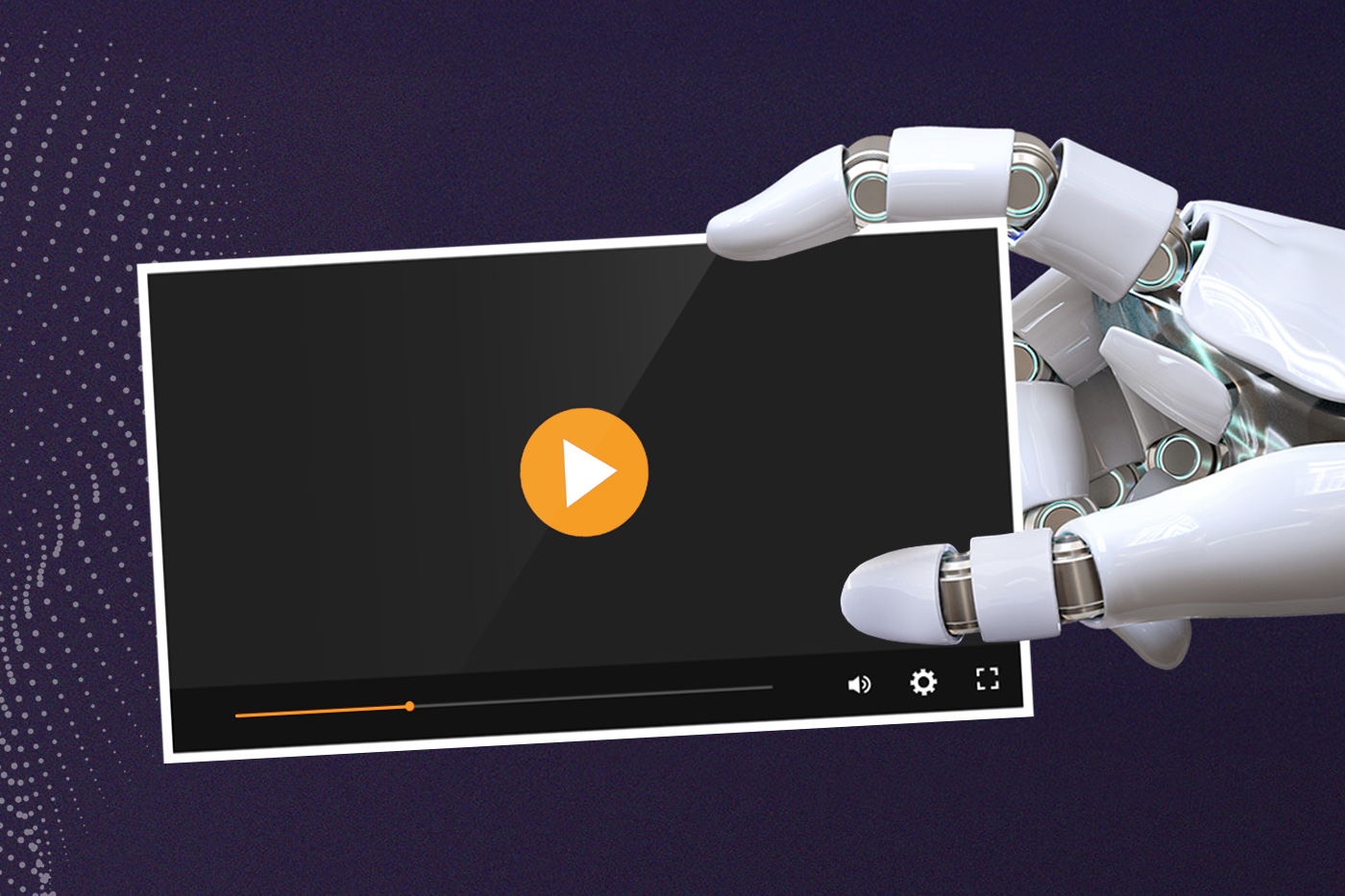Eine Roboterhand greift symbolisch nach einem Abspielfenster eines E-Learning-Players