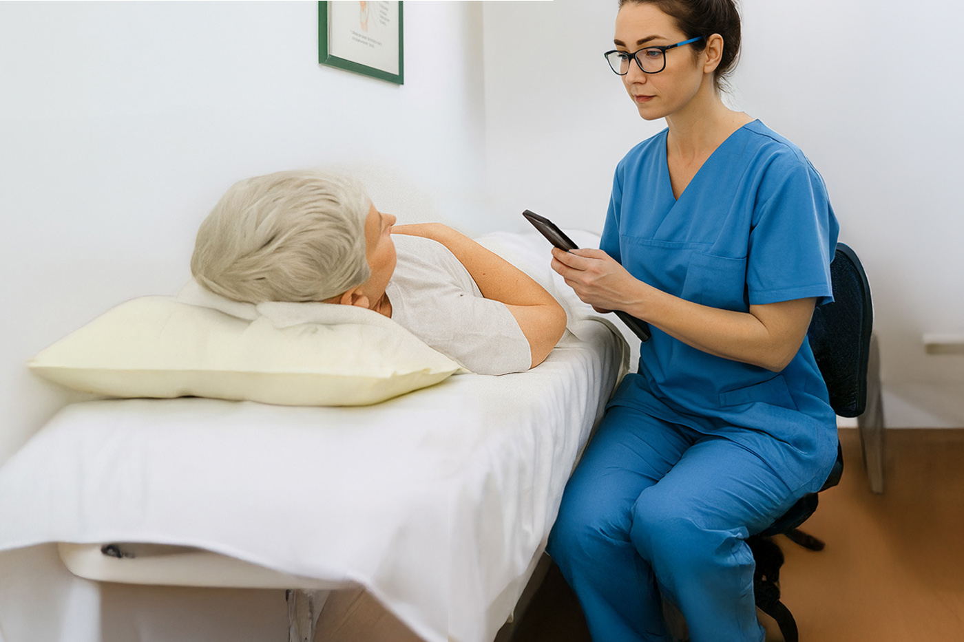 Eine Pflegefachassistentin betreut eine ältere Dame.