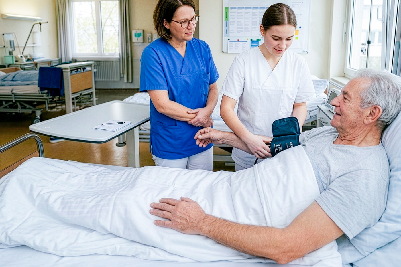 Eine Praxisanleiterin betreut eine Pflegeschülerin bei einer praktischen Anleitung am Krankenbett.
