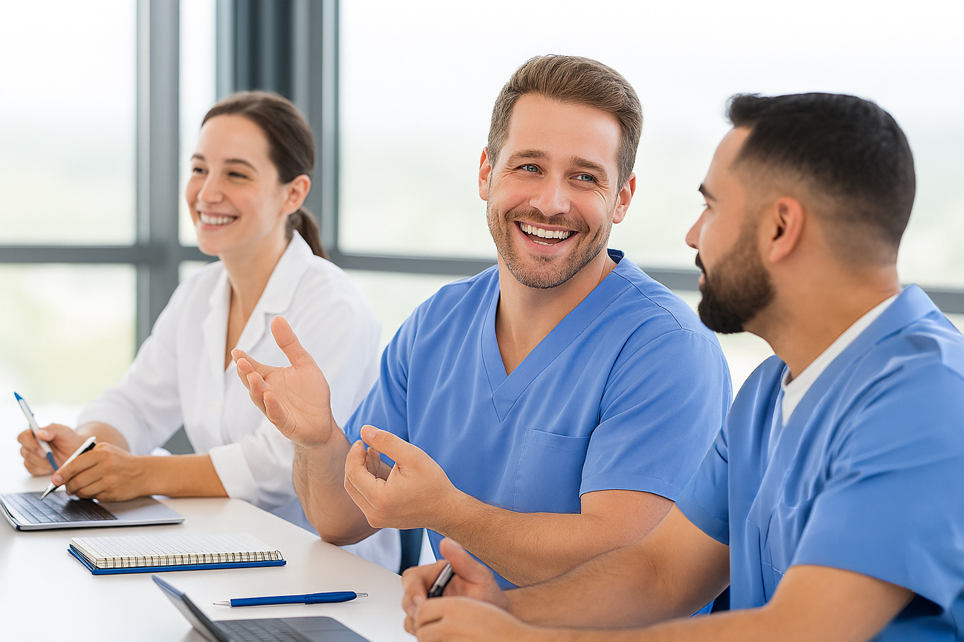 Verschiedene Pflegekräfte nehmen an einer Pflichtfortbildung in der Pflege teil und sitzen in einem Schulungsraum.