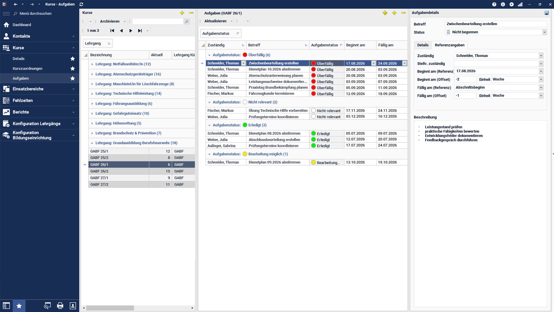 Screenshot des Aufgabenmanagements für Feuerwehren in easySoft