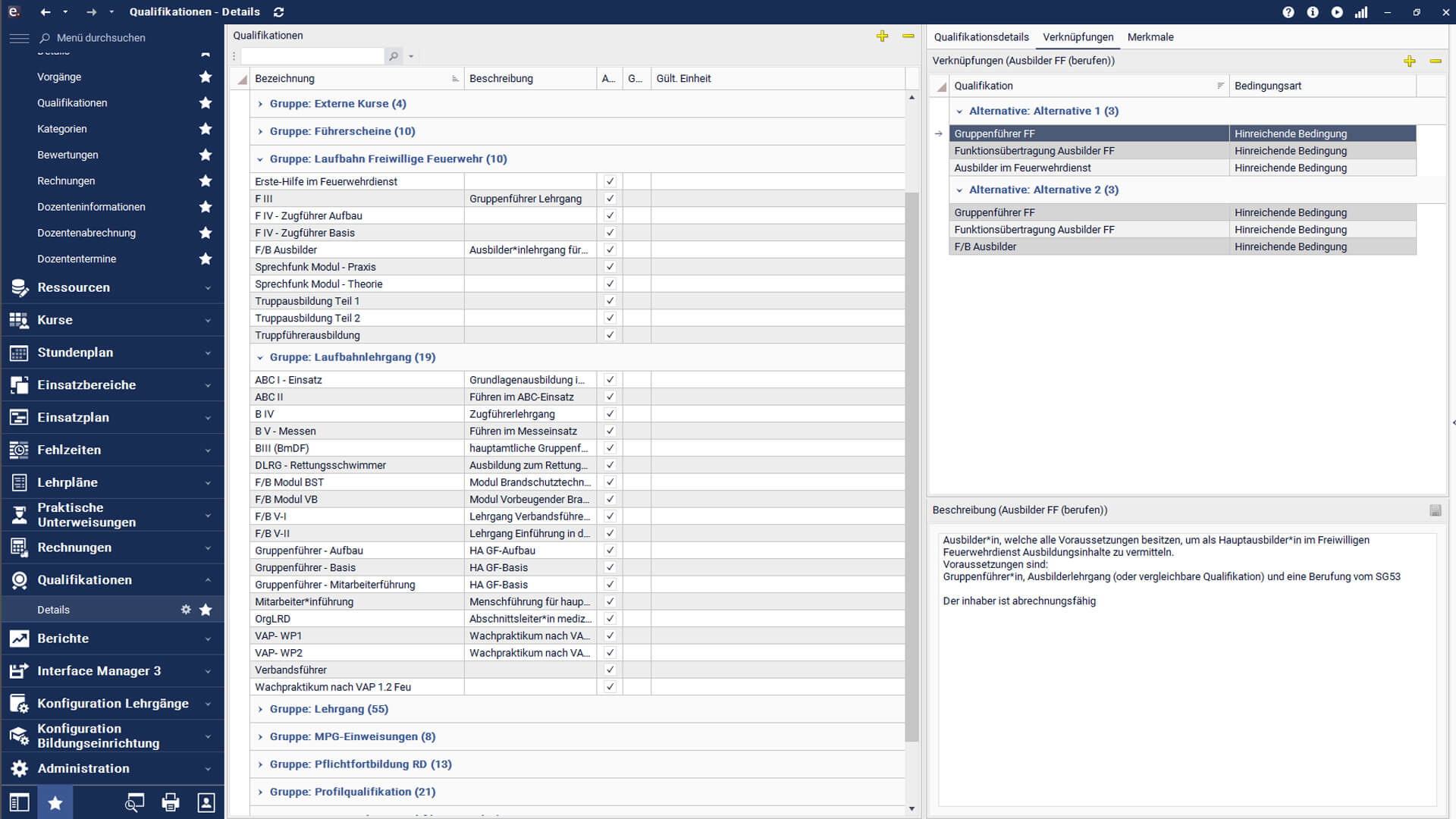 Screenshot des Programmbereichs Qualifikationen in easySoft