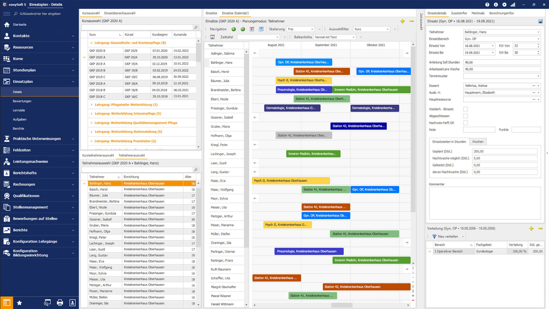 Screenshot des Einsatzplans in easySoft Education, der Software für das Ausbildungsmanagement. 