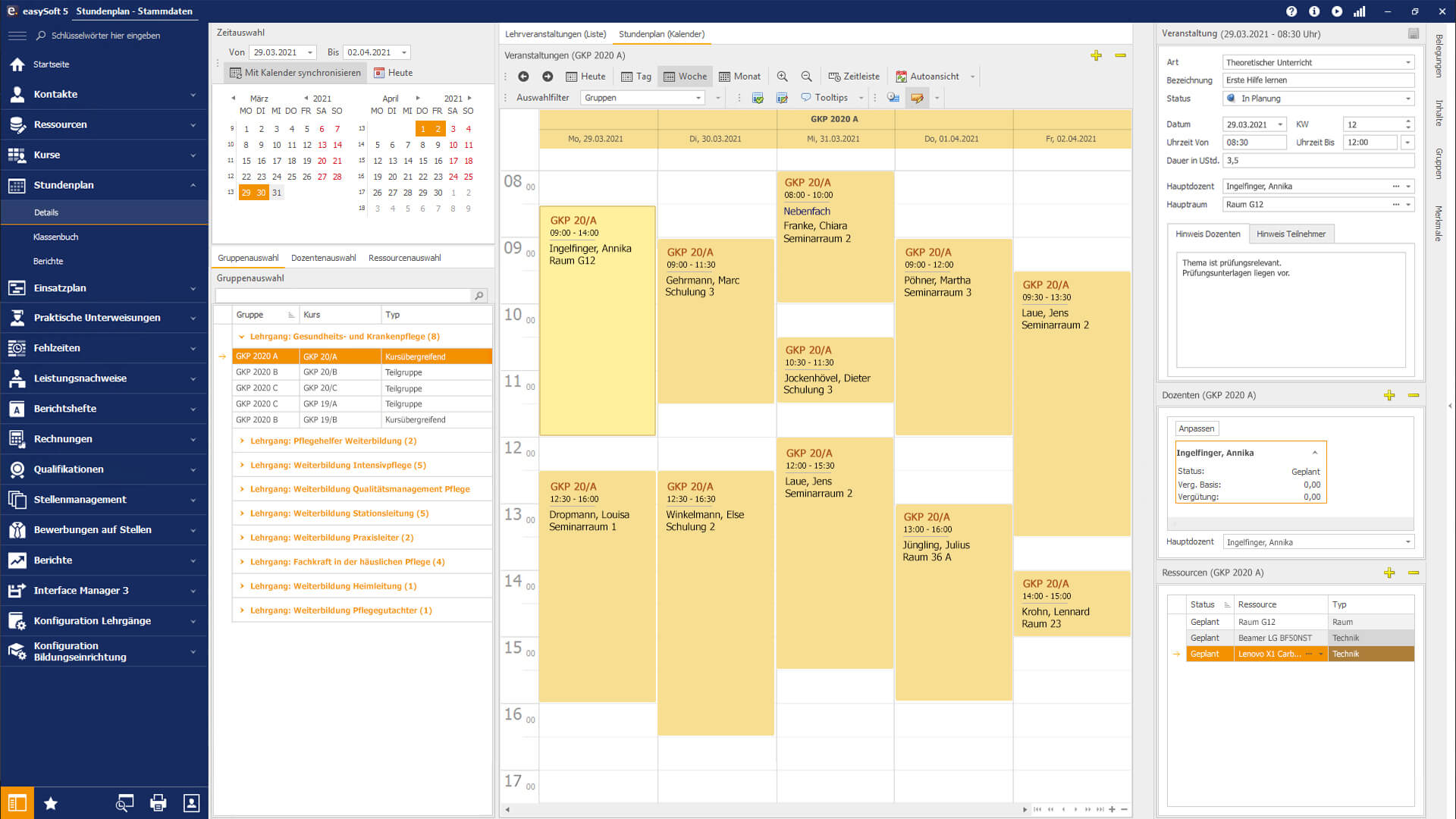 Screenshot des Stundenplans in easySofts Software für das Ausbildungsmanagement