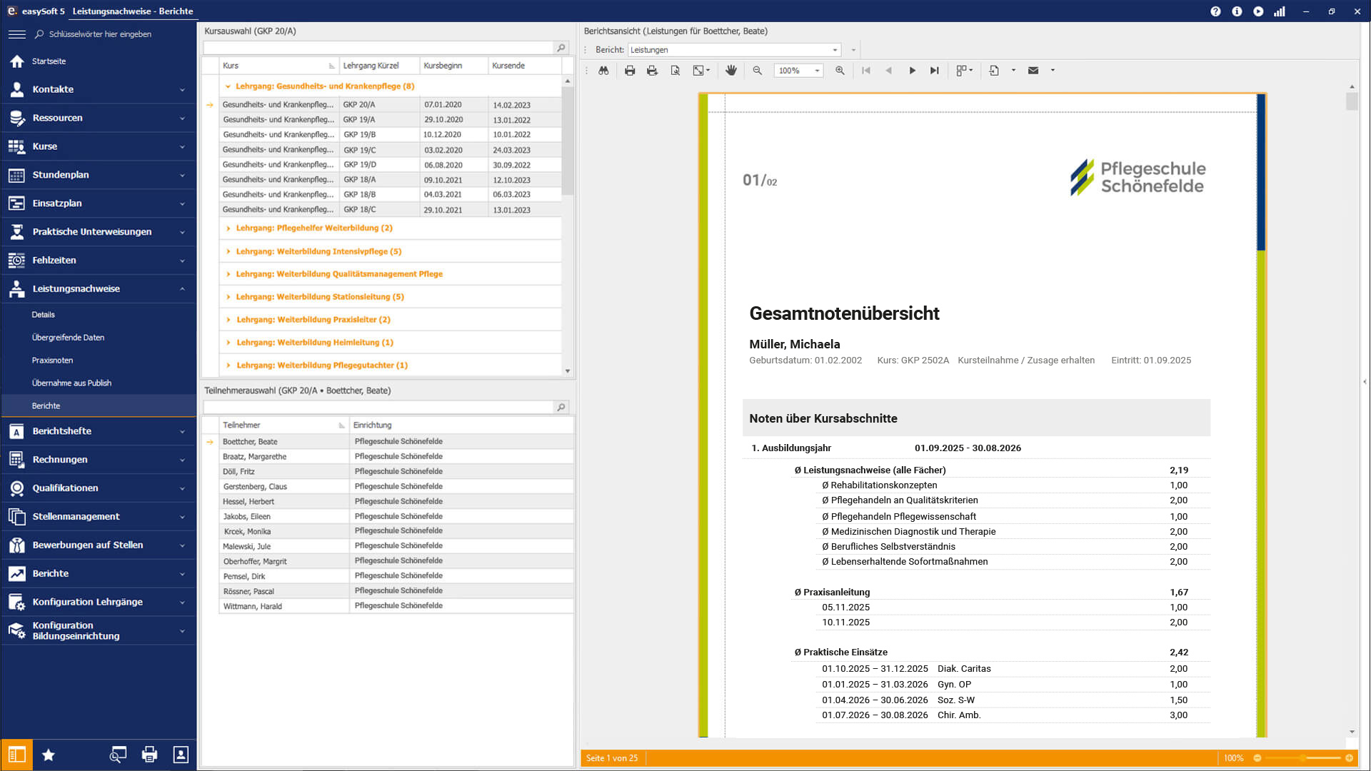 Screenshot eines Leistungsnachweises eines Pflegeschülers, erstellt mit easySoft Education