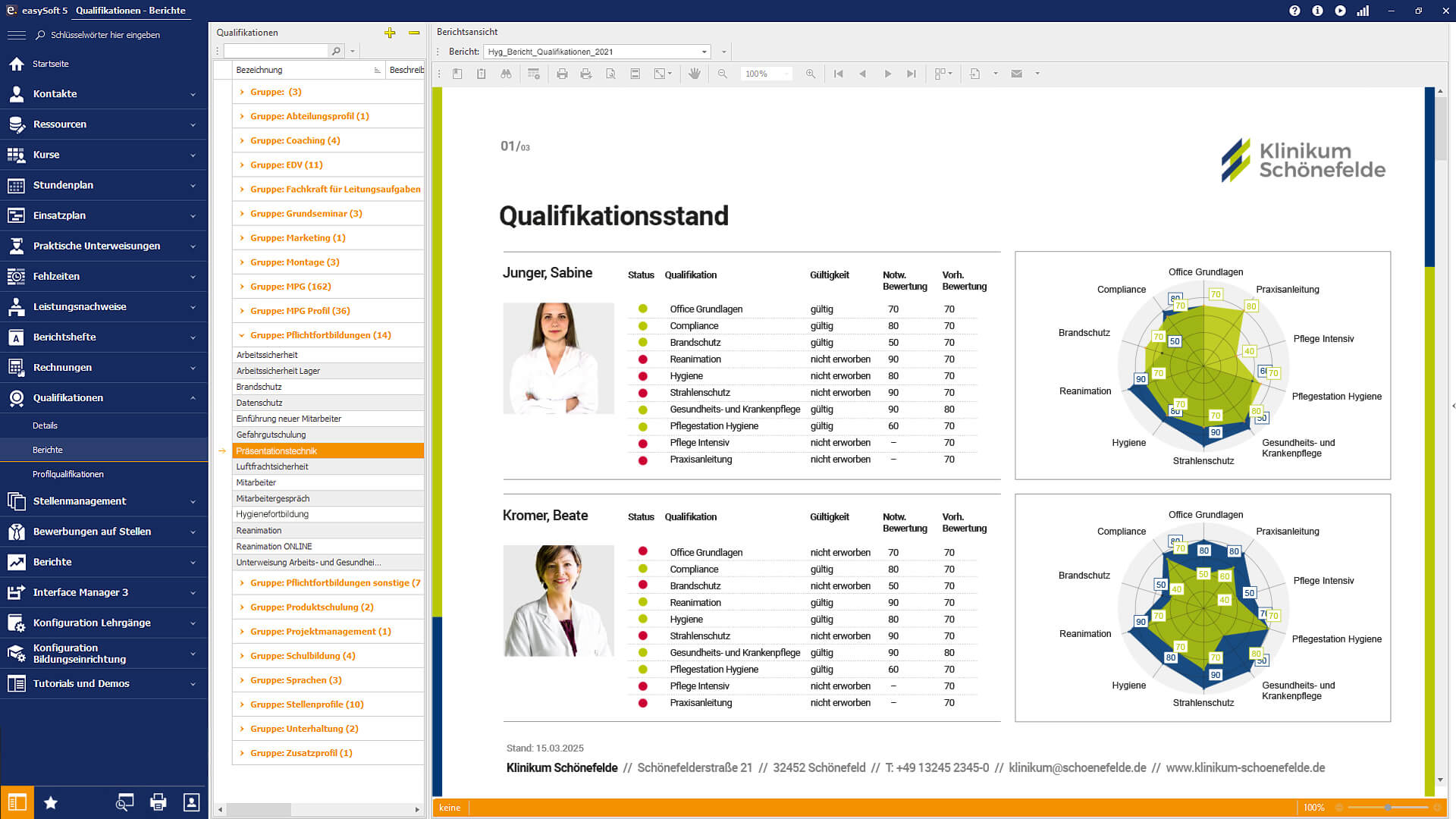 Screenshot eines Spinnennetzdiagrams, das die Qualifikationen zweier Mitarbeitender in easySoft sichtbar macht