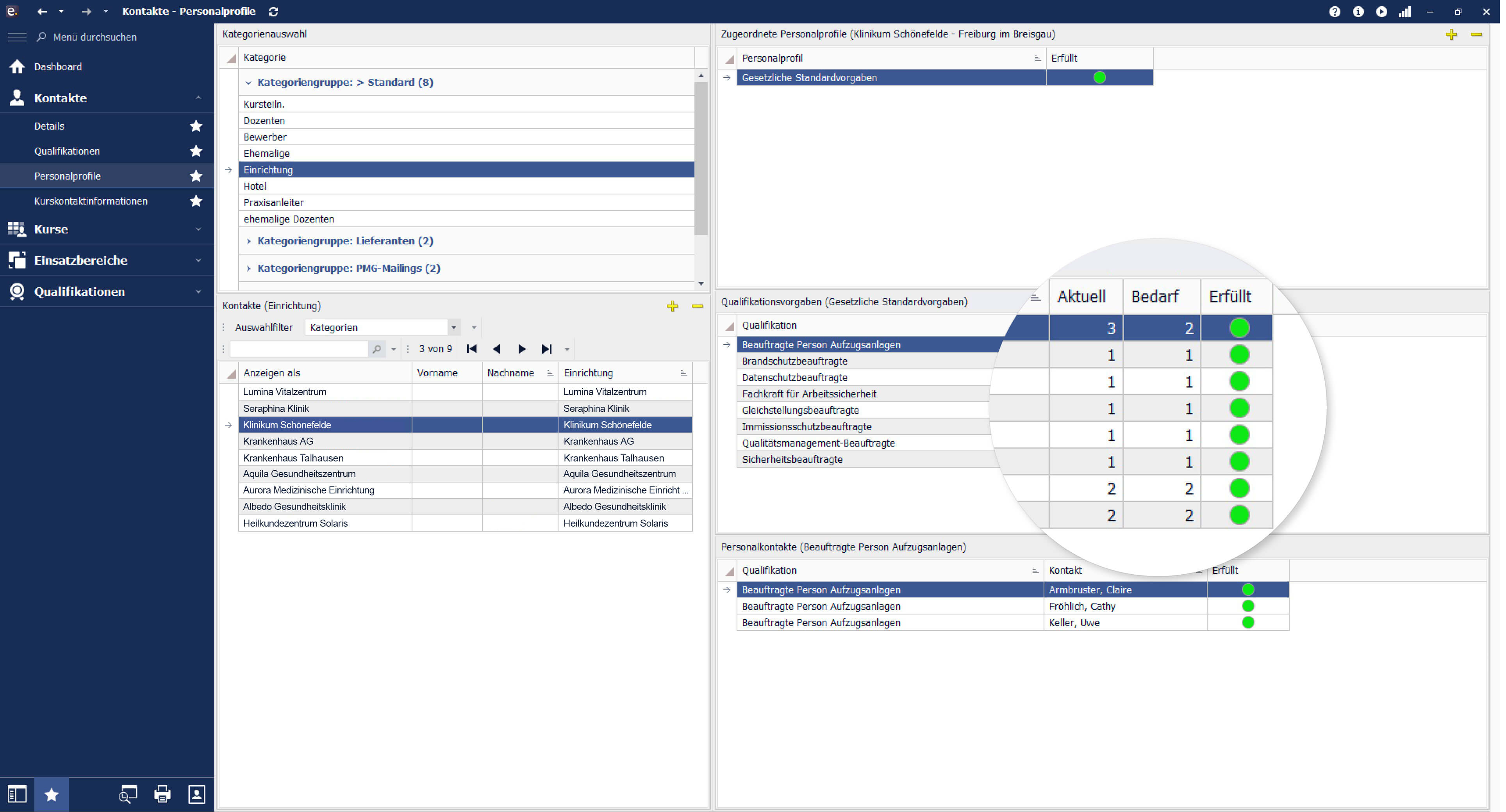 Screenshot von easySoft Competence. Zu sehen ist der Bereich, in dem benötige Qualifikationen für bestimmte Stationen und Bereiche zu sehen sind. 