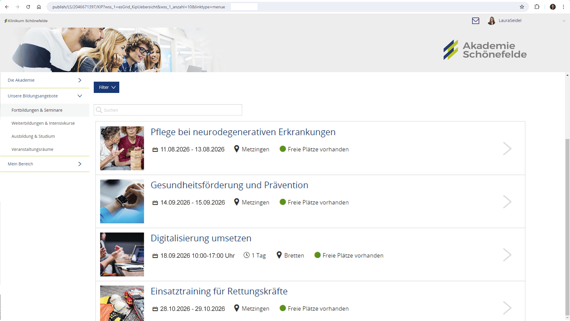 Screenshot des Online-Kursangebots, abgebildet mit der Software fürs Seminarmanagement von easySoft