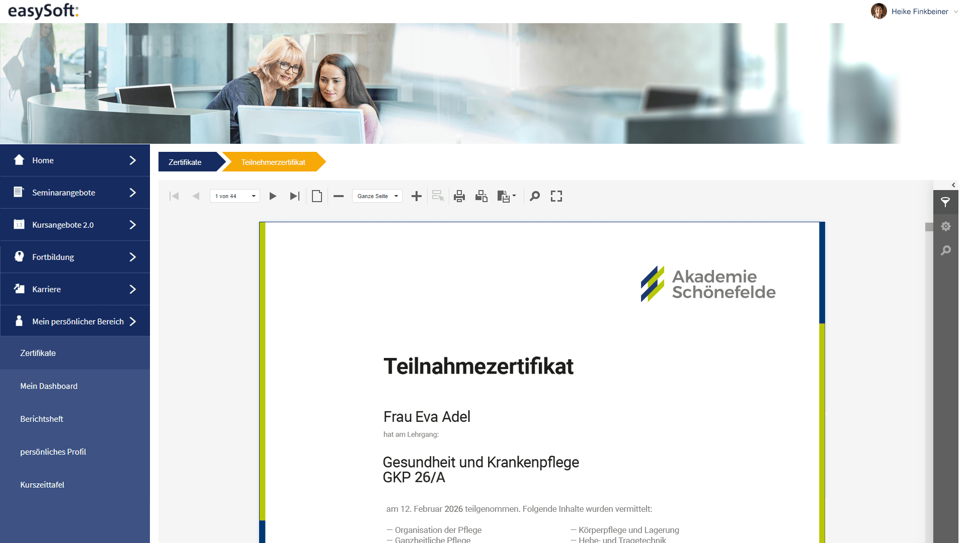 Screenshot eine mit easySoft Seminar erstellten Teilnahmezertifikats
