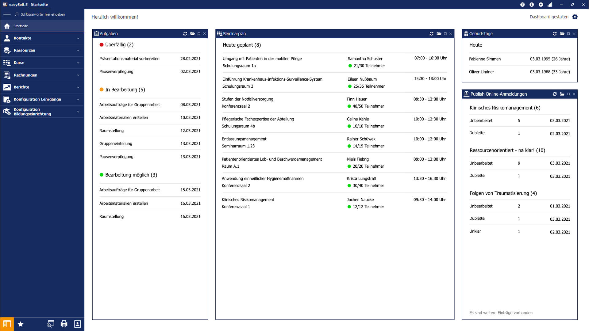Screenshot des Dashboards in easySoft Seminar, das den Status von Aufgaben für die Seminarverwaltung zeigt. 