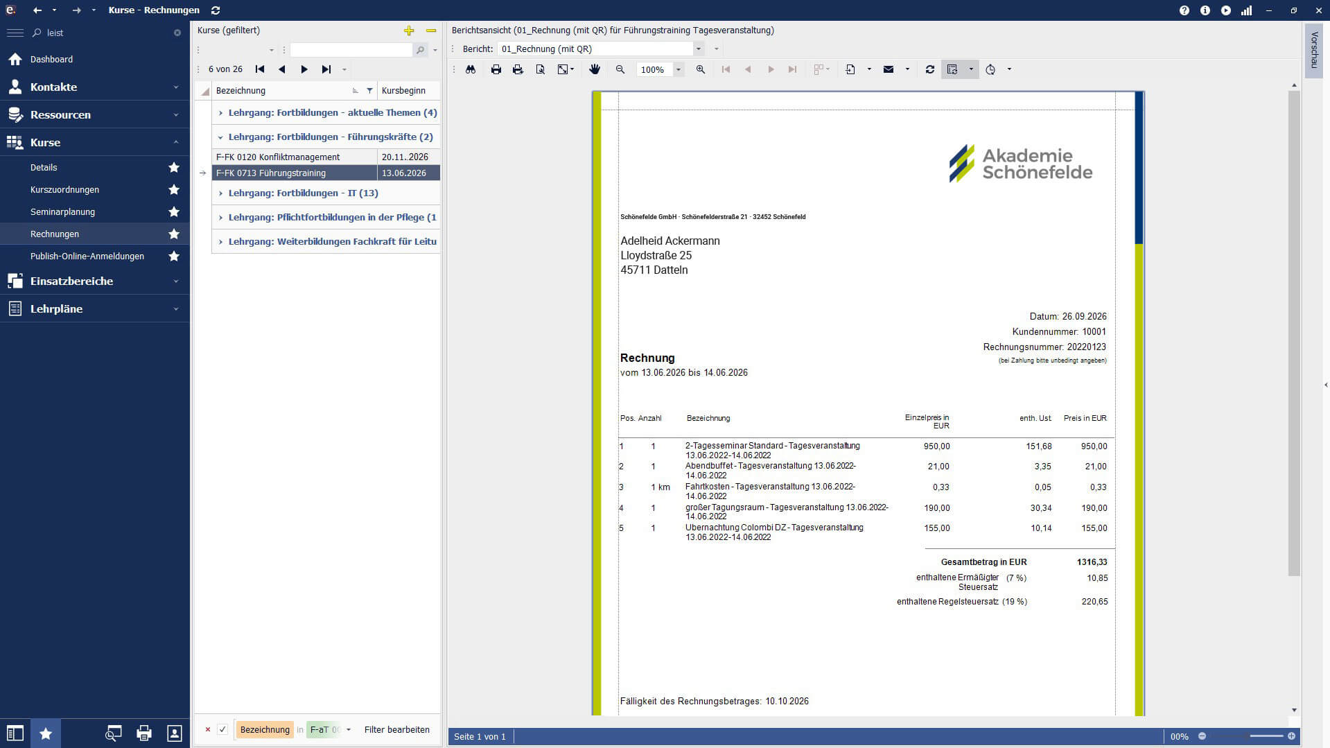 Screenshot des Bereichs Rechnungsstellung in easySoft Seminar