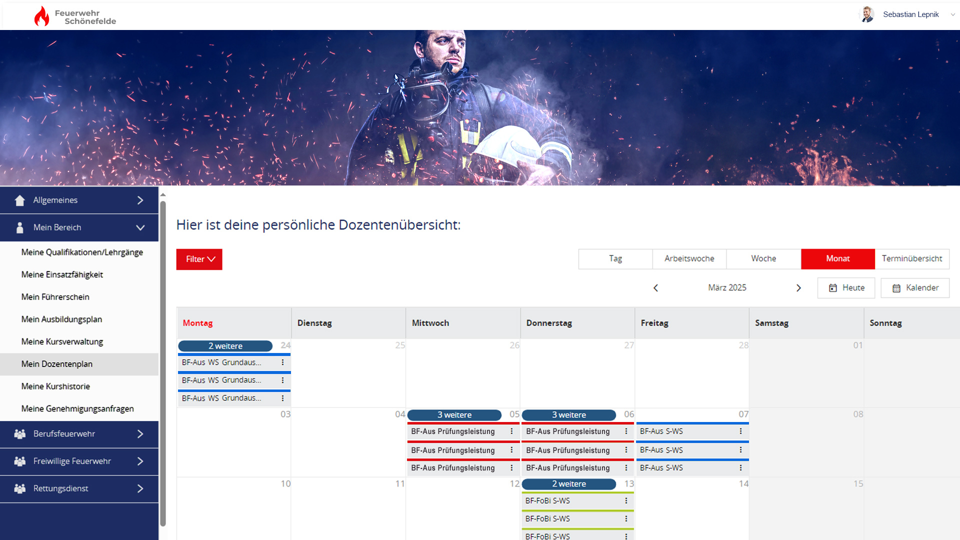 Screenshot der Software für die Online-Dozentenübersicht für Feuerwehren