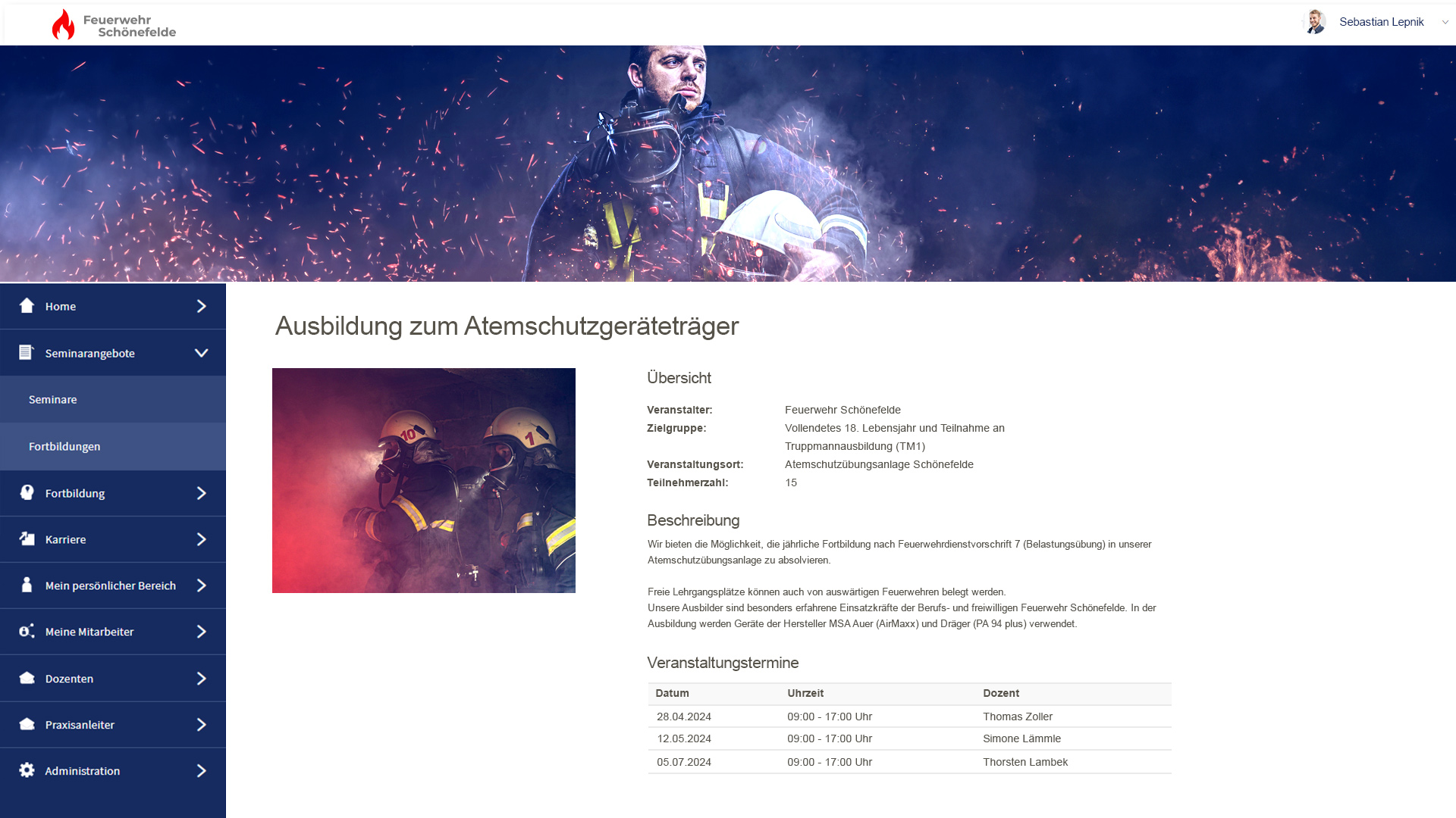 Screenshot eines Online-Kursangebots für einen Lehrgang der Feuerwehr