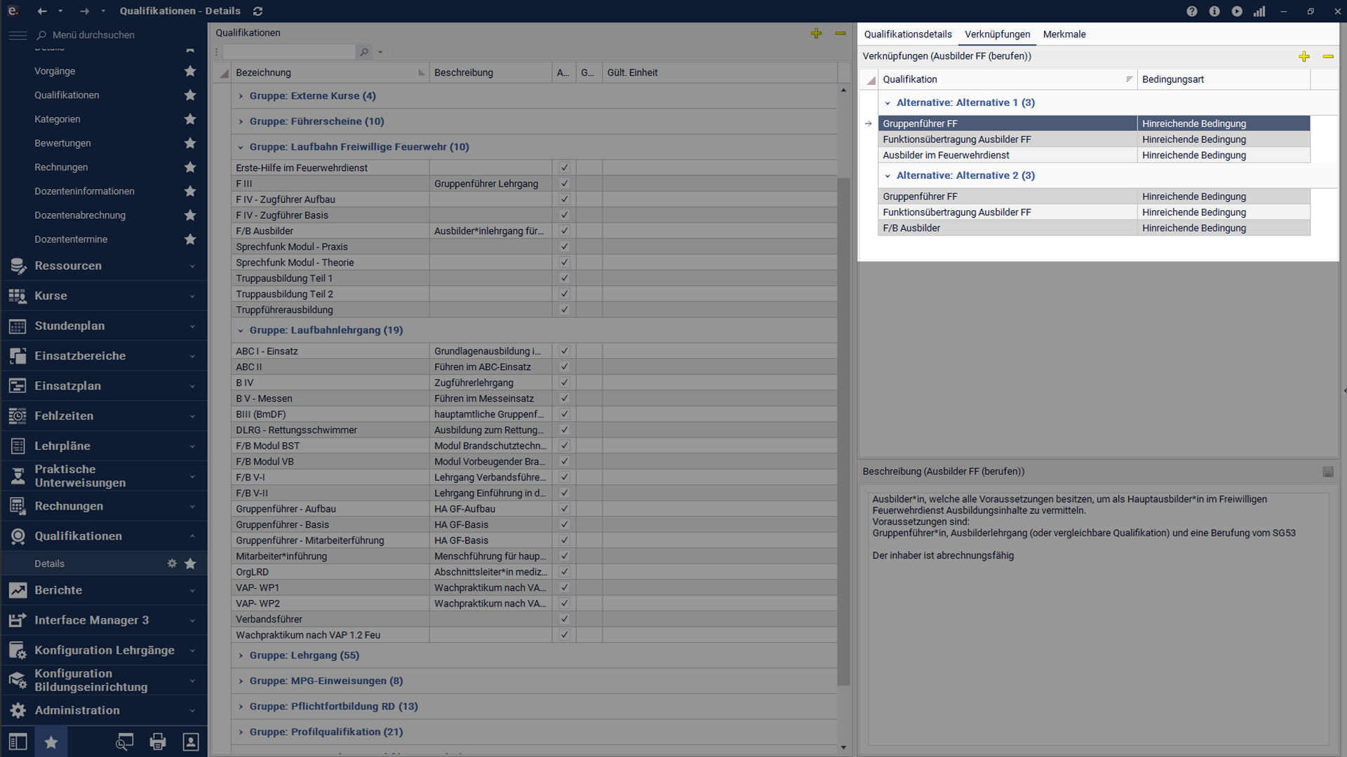 Screenshot einer Software für das Qualifikationsmanagement bei Feuerwehren