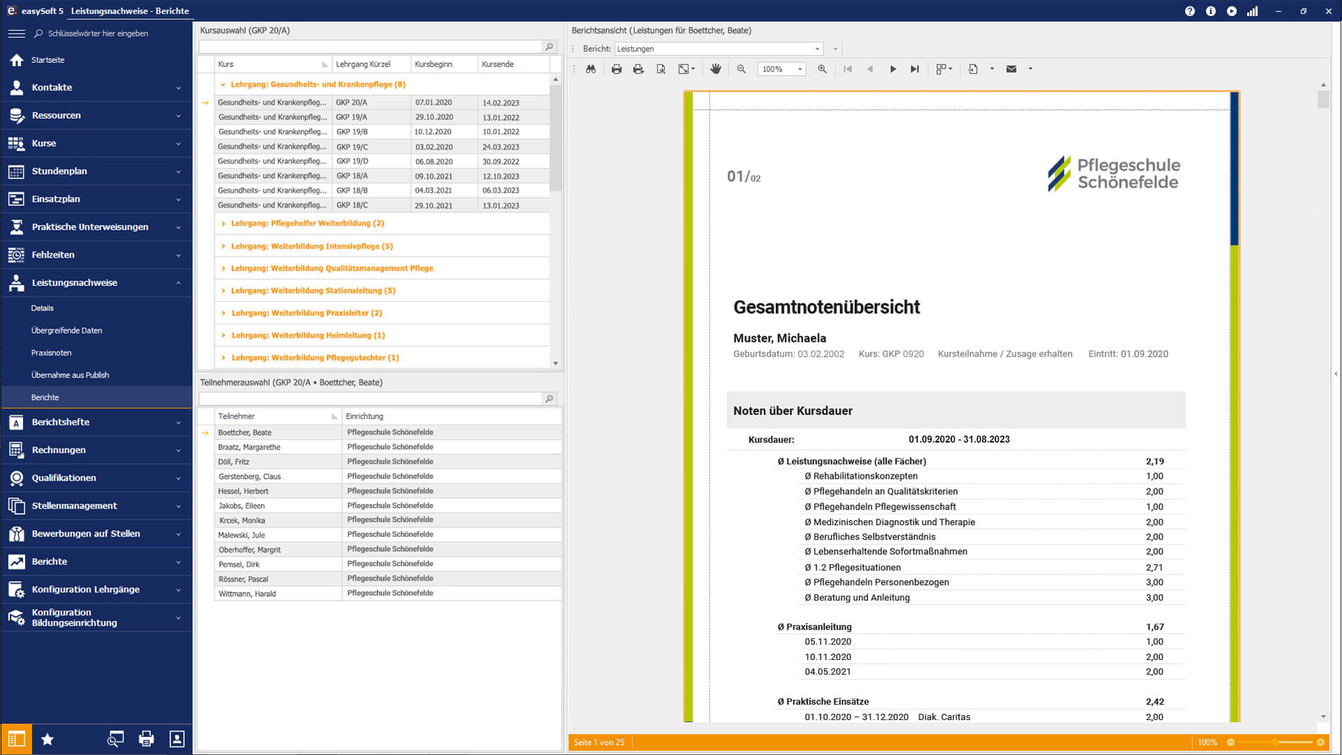 Screenshot eines Zeugnisses, das in easySoft 5 erstellt wurde.