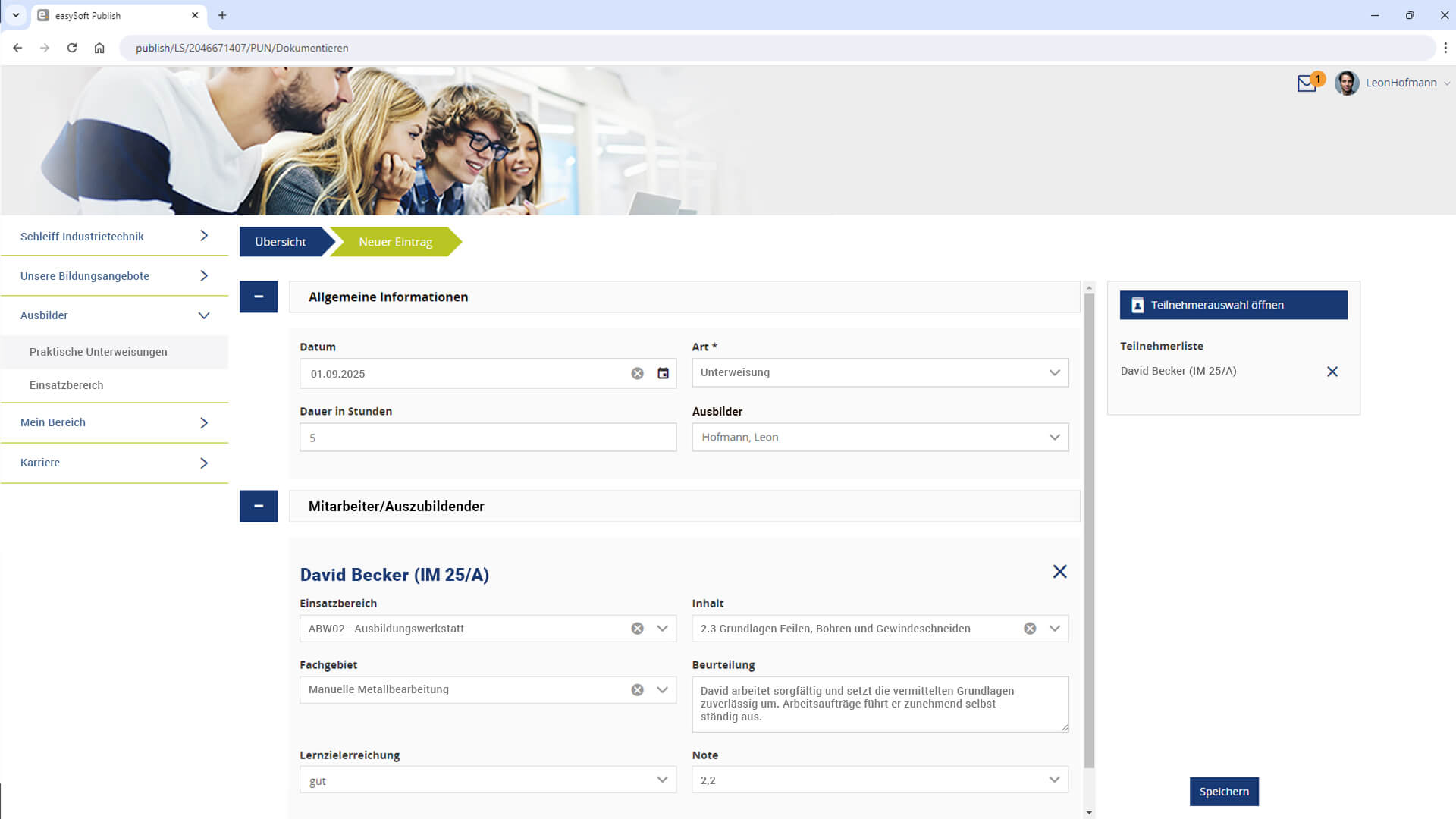 Screenshot von easySoft Publish, auf dem die Dokumentation einer praktischen Unterweisung zu sehen ist