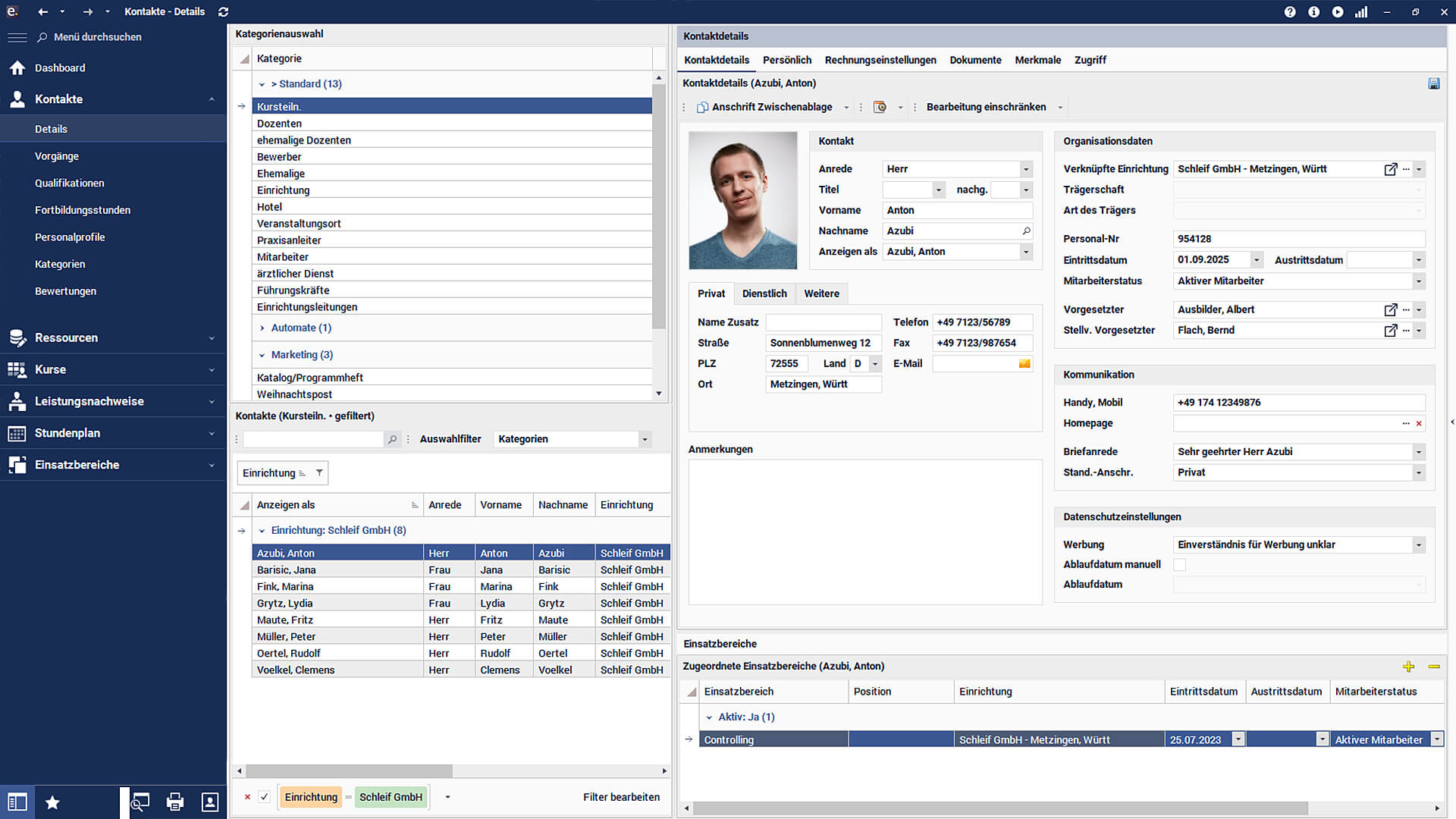Screenshot des Bereichs Personalstammdaten der ausbildungsmanagement software easySoft
