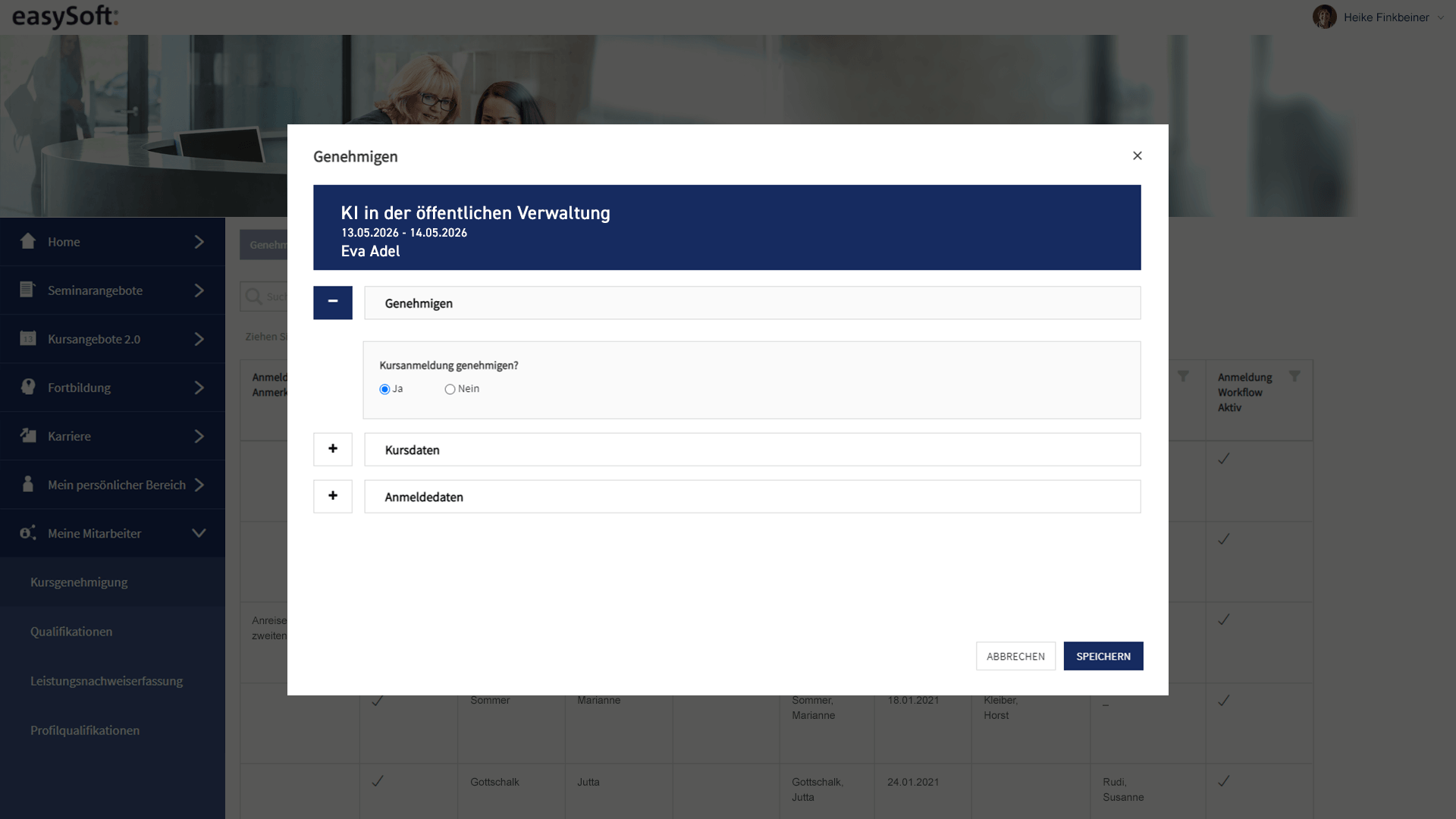 Screenshot des Genehmigungsworkflows für Seminare in easySoft Seminar