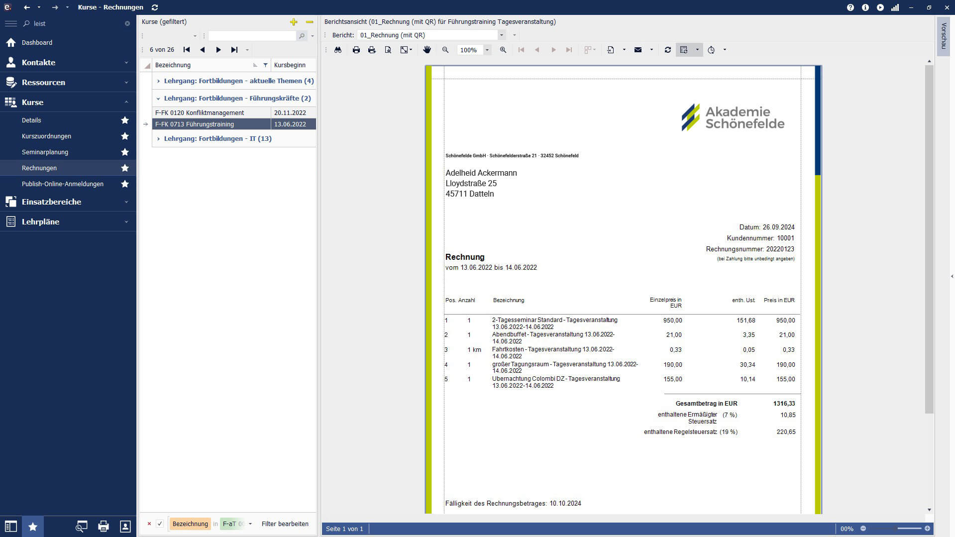 Screenshot der Rechnungsstellung mit easySoft Seminar