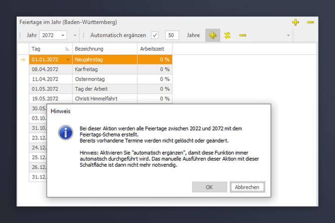 Screenshot der Einstellungen: Sonder- und Feiertage für den Stundenplan/Einsatzplan definieren