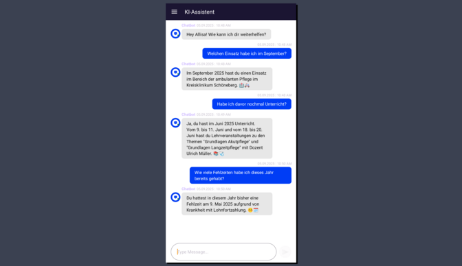 Screenshot eines KI Chatbots, der Fragen zur Pflegeausbildung beantwortet