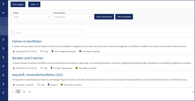 Screenshot easySoft Publish Kursangebote Übersicht