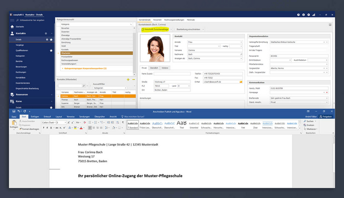 Screenshot von easySoft 5 und Mircrosoft Office Word mit kopierter Adresszeile