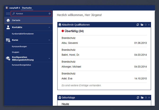 Screenshot der Schnellsuche im Menü in easySoft 5