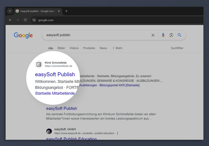 Screenshot der Google-Suchergebnisse für das Keyword "easySoft Publish"
