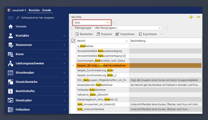 Screenshot der Schnellsuche im Berichtebereich in easySoft 5