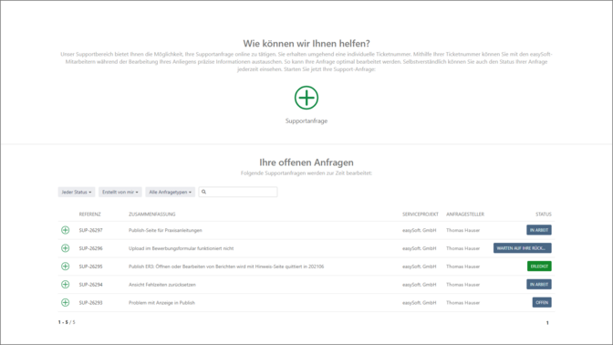 Offene Tickets in der Übersicht im easySoft Kundenportal