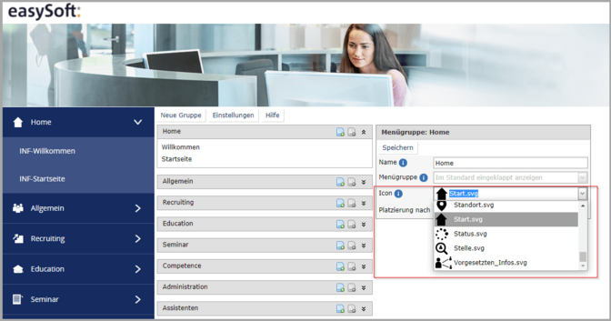 Screenshot Einstellungsbereich für Menügruppenicons in easySoft Publish