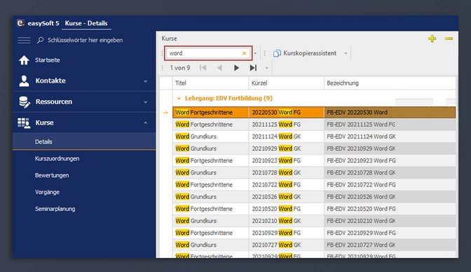 Screenshot der Schnellsuche im Bereich Kurse in easySoft 5