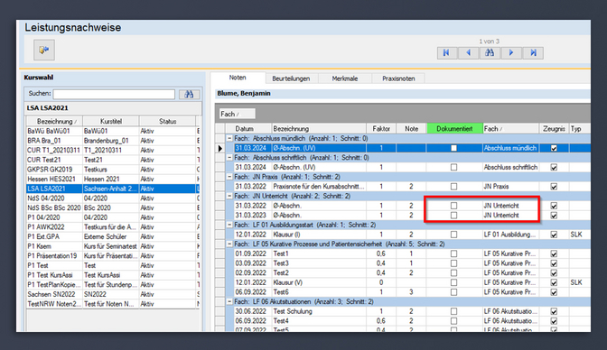 Screenshot der 'Dokumentiert'-Checkbox in easySoft Education