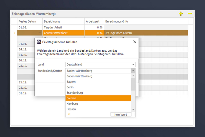 Screenshot der Einstellungen: Sonder- und Feiertage für den Stundenplan/Einsatzplan definieren