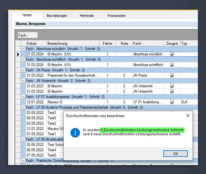 Screenshot Hinweisbox zur Berechnung der Jahresnoten in easySoft Education