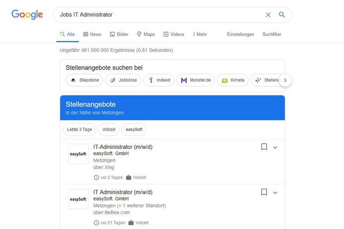 Über easySoft Publish ausgespielte Anzeigen in Google for Jobs