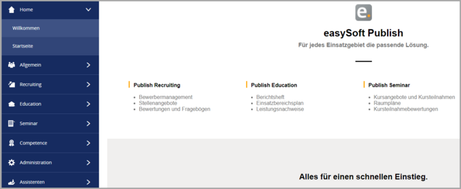 Screenshot easySoft Publish Startseite mit Menügruppen Icons